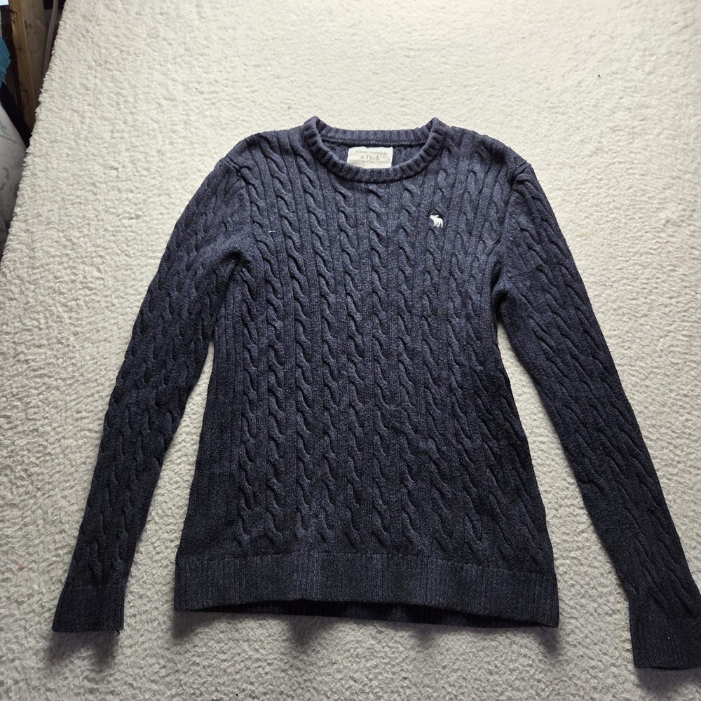 Abercrombie & Fitch Sweater Mens Large Blue Cotton Cable Knit Crewneck Pullover